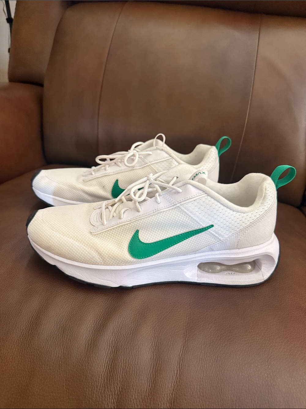 Nike AirMax White Sneakers with Green Swoosh and Heel Loop